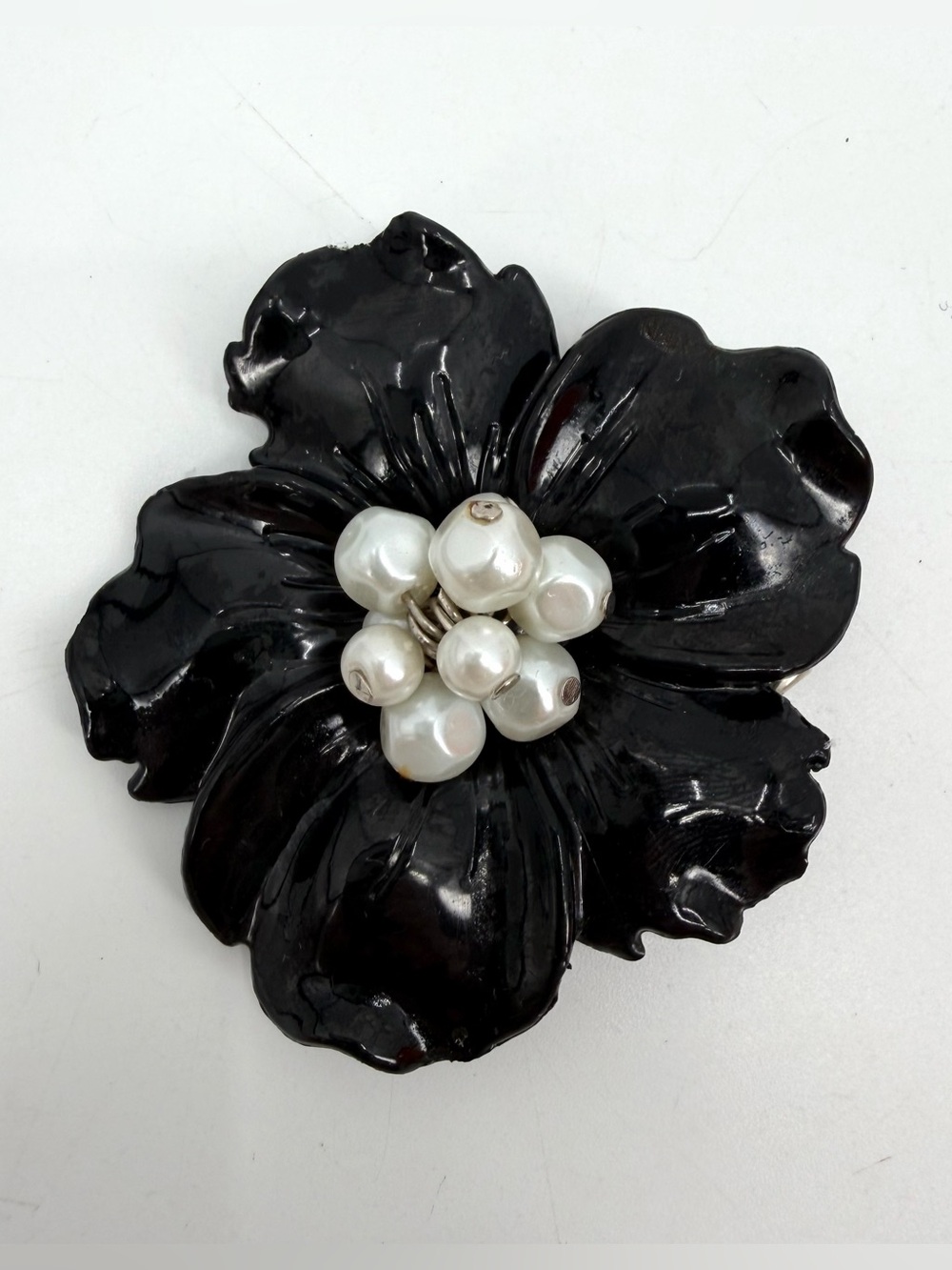 Vintage Black Flower Brooch Pin with Faux Pearl Cluster